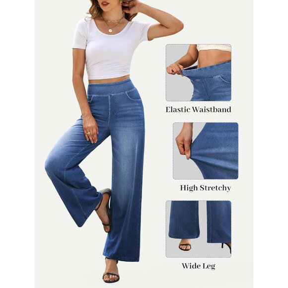 Wide Leg Jeans Women High Waisted Stretchy Casual Denim Pants - Picture 4 of 7